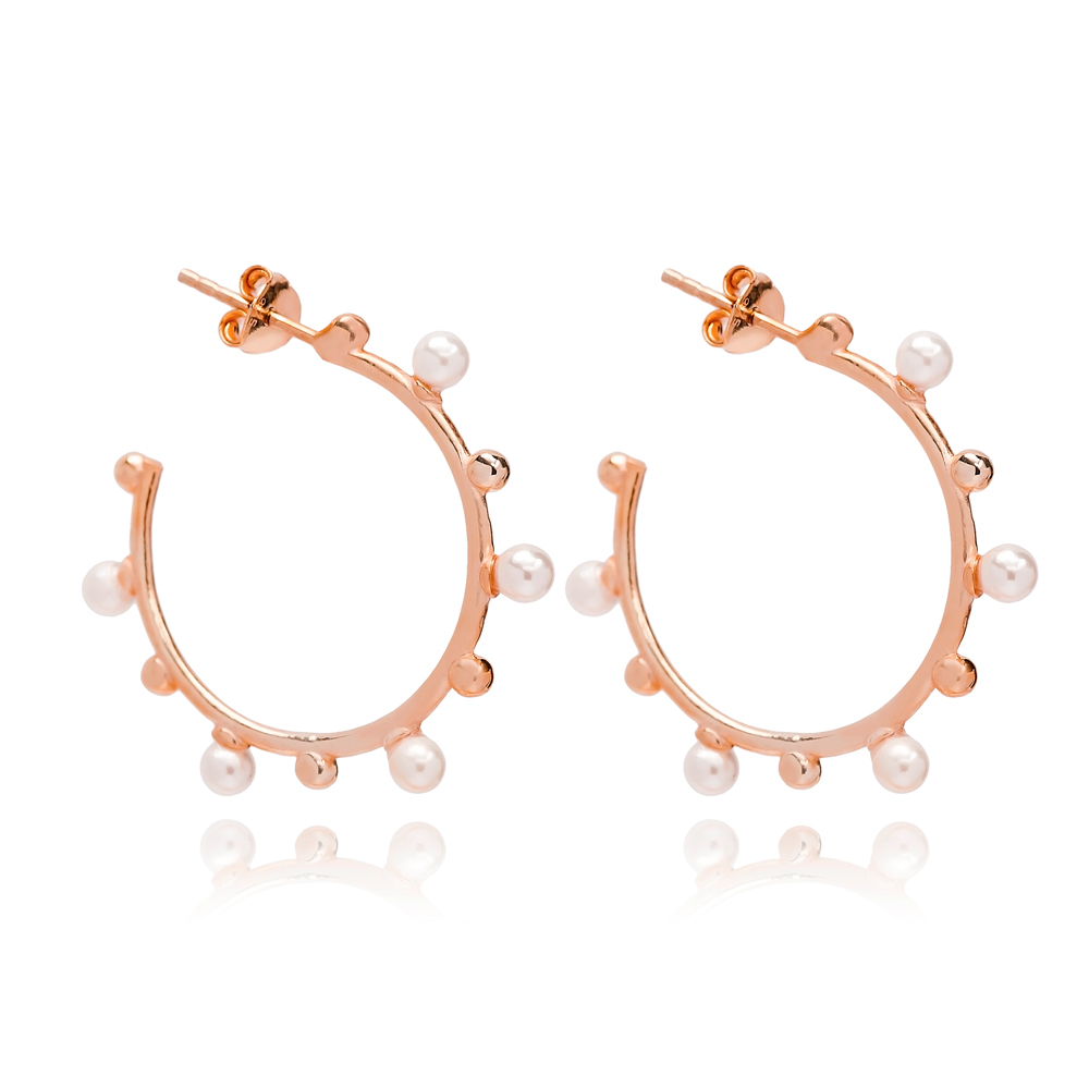 Push Back Pearl Hoop Earring Turkish Wholesale Handmade 925 Sterling