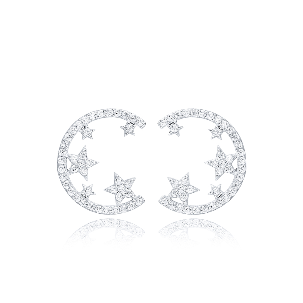 Crescent With Stars Design Stud Earring Turkish Wholesale Handmade 925 ...