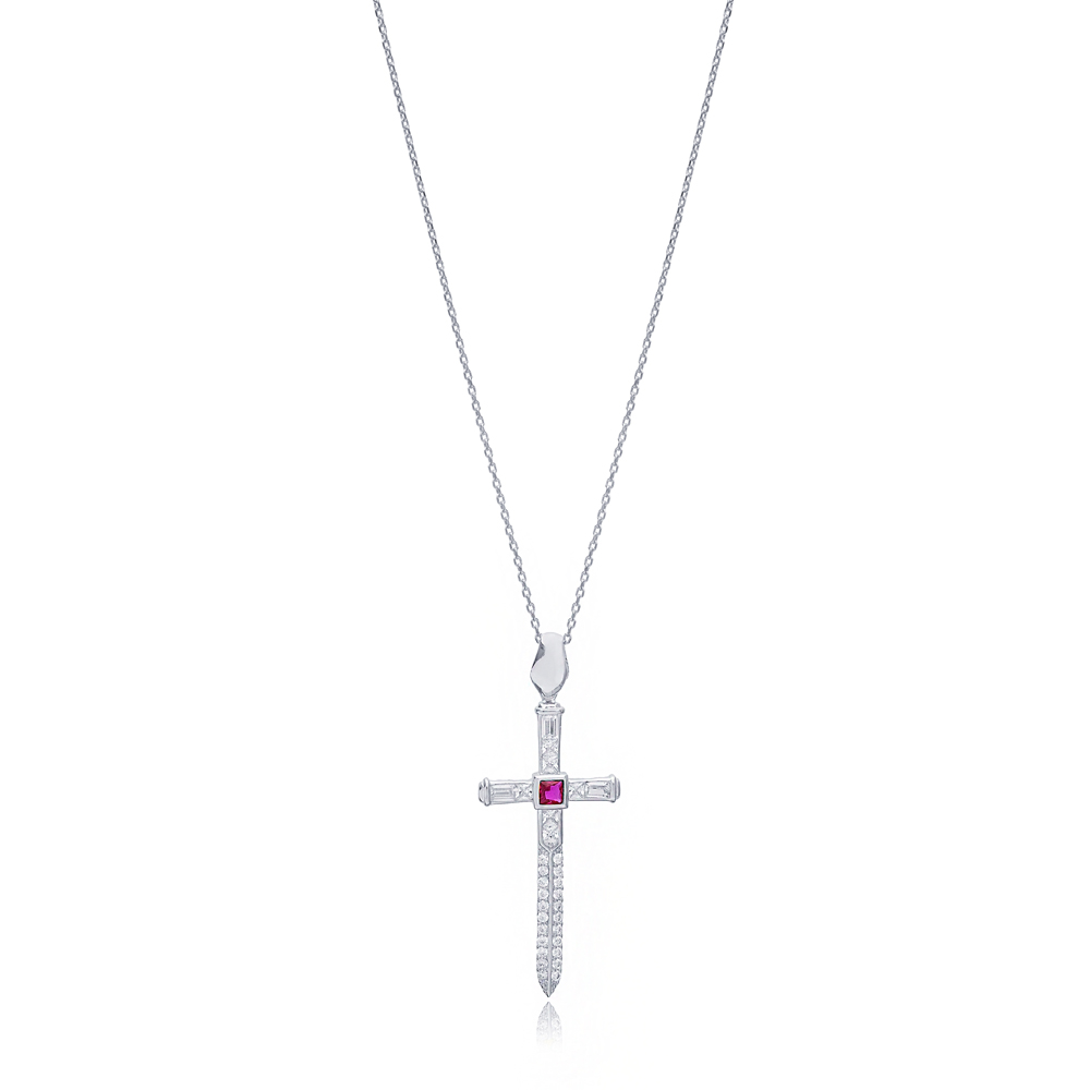 Ruby Zircon Stone Cross Charm Pendant Necklace 925 Sterling